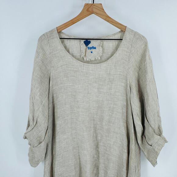 Yuvita 100% Linen Dress Size M Natural Beige Long Sleeve Boho Minimalist - Picture 4 of 9